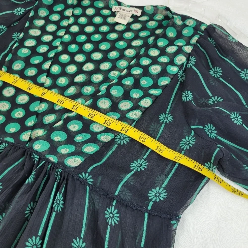 Forever black green deep V sheer tunic blouse puff sleeves whimsigoth boho S